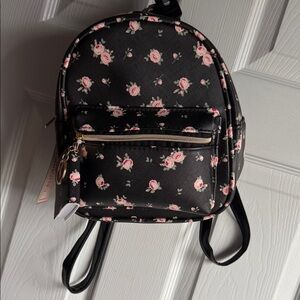 Black Floral Mini Backpack - Rose Pattern